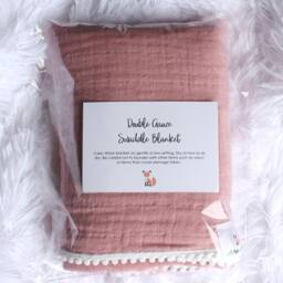 Oversized Muslin Baby Blanket, Blush Swaddle Pom Trim Blanket - thumbnail 2