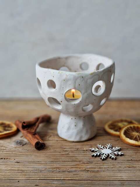White Candle Holder, Ceramic Tea Light Handbuilt Speckled Candleholder, Tealight Lantern, Christmas Gift - image 1