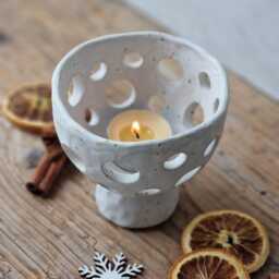 White Candle Holder, Ceramic Tea Light Handbuilt Speckled Candleholder, Tealight Lantern, Christmas Gift - thumbnail 2