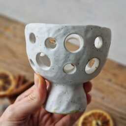 White Candle Holder, Ceramic Tea Light Handbuilt Speckled Candleholder, Tealight Lantern, Christmas Gift - thumbnail 4