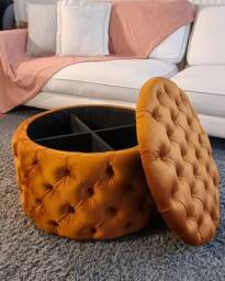 Brand New Customizable Tufted Velvet Round Storage Ottoman With Divided Compartment - Hand Made - thumbnail 1