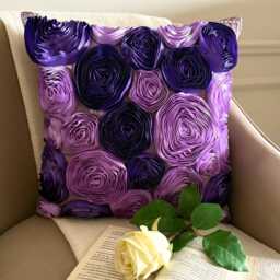 Purple & Violet Ribbon Embroidered Rose Decorative Throw Pillow Cover, 16x16 Art Silk Modern Cushion Floral Pillowcase - Blooms - thumbnail 2