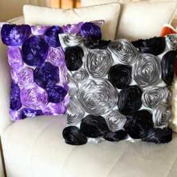 Purple & Violet Ribbon Embroidered Rose Decorative Throw Pillow Cover, 16x16 Art Silk Modern Cushion Floral Pillowcase - Blooms - thumbnail 3