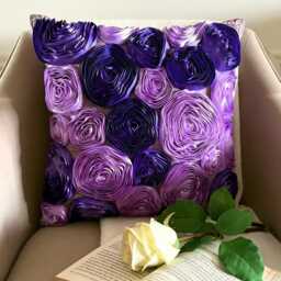 Purple & Violet Ribbon Embroidered Rose Decorative Throw Pillow Cover, 16x16 Art Silk Modern Cushion Floral Pillowcase - Blooms