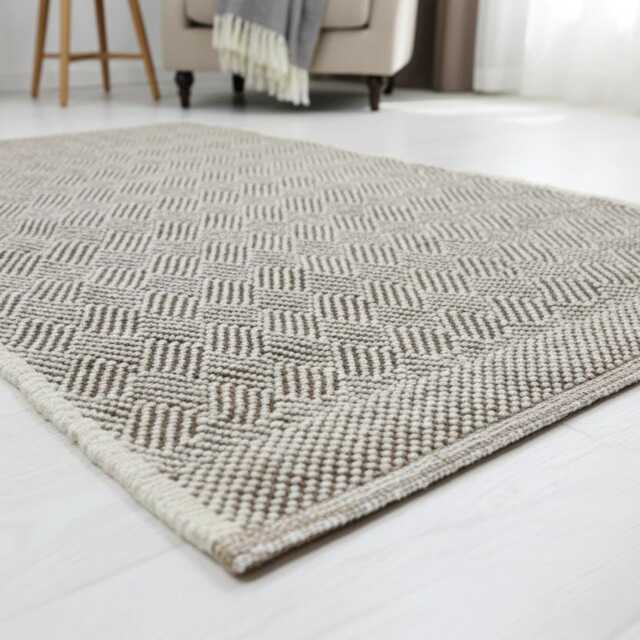 Handwoven Wool Runner Rug - Basket Weave Textured Area Carpet Scandinavian Style - image 1