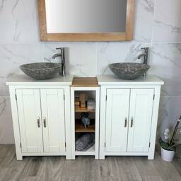 Bathroom Vanity Unit - Sink Washstand Slimline White Painted With Quartz Worktop & Sit On Basins Taps Plugs Included