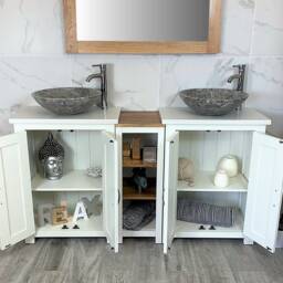 Bathroom Vanity Unit - Sink Washstand Slimline White Painted With Quartz Worktop & Sit On Basins Taps Plugs Included - thumbnail 2
