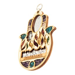 Matiel Wood Hamsa Hand Home Blessing Decorated with Gemstones & A Silhouette Of Jerusalem Wall Hanging Home Decor - Gift For Jewish Wedding - thumbnail 2