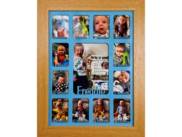 Newborn Baby 1st Year Personalised Photo Frame 1-12 Months - Natural Finish & Blue Insert - image 1