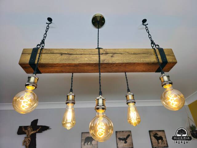 Oak Rustic Wooden Beam Chandelier - Industrial Ceiling Pendant Light For Kitchen Island & Dining Table - image 1