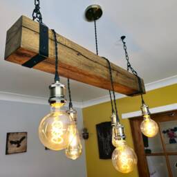Oak Rustic Wooden Beam Chandelier - Industrial Ceiling Pendant Light For Kitchen Island & Dining Table - thumbnail 2