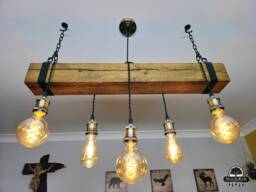 Oak Rustic Wooden Beam Chandelier - Industrial Ceiling Pendant Light For Kitchen Island & Dining Table