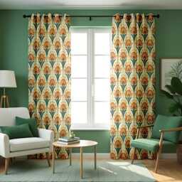 Retro Orange Art Deco Curtains, Mid Century Floral Print Drapes, Geometric Botanical Window Panels, Custom Made To Measure Curtains - thumbnail 2