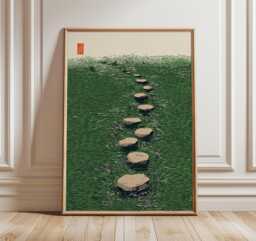 Japanese Garden Stepping Stones Green Poster Wall Art Minimal Nature Landscape Print Zen Decor, Woodblock Style - thumbnail 1