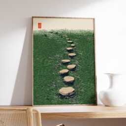 Japanese Garden Stepping Stones Green Poster Wall Art Minimal Nature Landscape Print Zen Decor, Woodblock Style - thumbnail 2