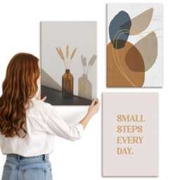 Canvas Art Set Of 3 - Shapes & Natural Accents Included, Brown Wall Art, Abstract Hanging Piece - thumbnail 3