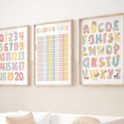 Set Of 3 Pastel Educational Nursery Prints, Pink & Purple Counting 1-100 Print, Alphabet Numbers Chart, Girl Decor, Playroom Prints - thumbnail 3