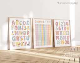 Set Of 3 Pastel Educational Nursery Prints, Pink & Purple Counting 1-100 Print, Alphabet Numbers Chart, Girl Decor, Playroom Prints - thumbnail 1