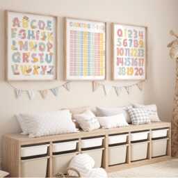 Set Of 3 Pastel Educational Nursery Prints, Pink & Purple Counting 1-100 Print, Alphabet Numbers Chart, Girl Decor, Playroom Prints - thumbnail 2
