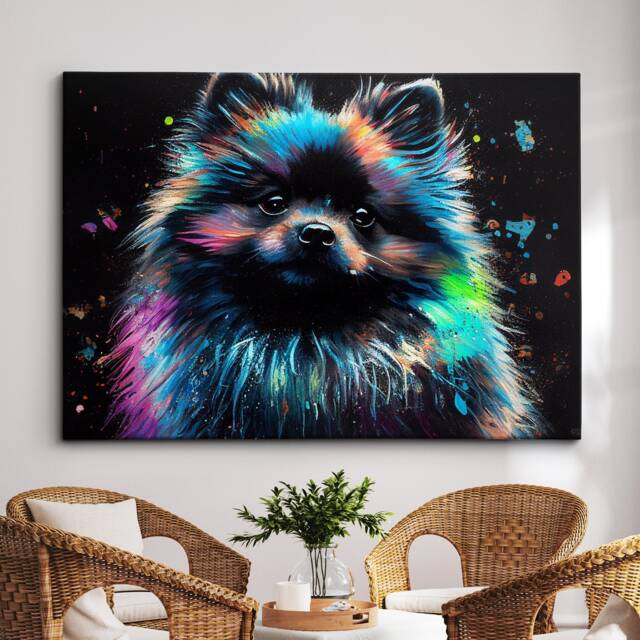 Colorful Pomeranian Dog Pet Abstract Modern Oil Painting Wall Art, Framed Canvas Poster Print, Home Kitchen Office Room Decor, Gifts - image 1