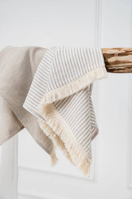 striped Linen Bath Towel With Macrame Fringe, Handmade Beach Towel, Yoga - image 1