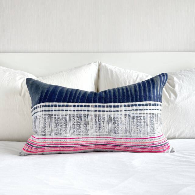 "Vintage Hmong Pillow Cover Hand Block Print Hemp Cushion - 16"" X 26" - image 1