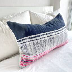 "Vintage Hmong Pillow Cover Hand Block Print Hemp Cushion - 16"" X 26" - thumbnail 2