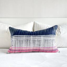 "Vintage Hmong Pillow Cover Hand Block Print Hemp Cushion - 16"" X 26" - thumbnail 1