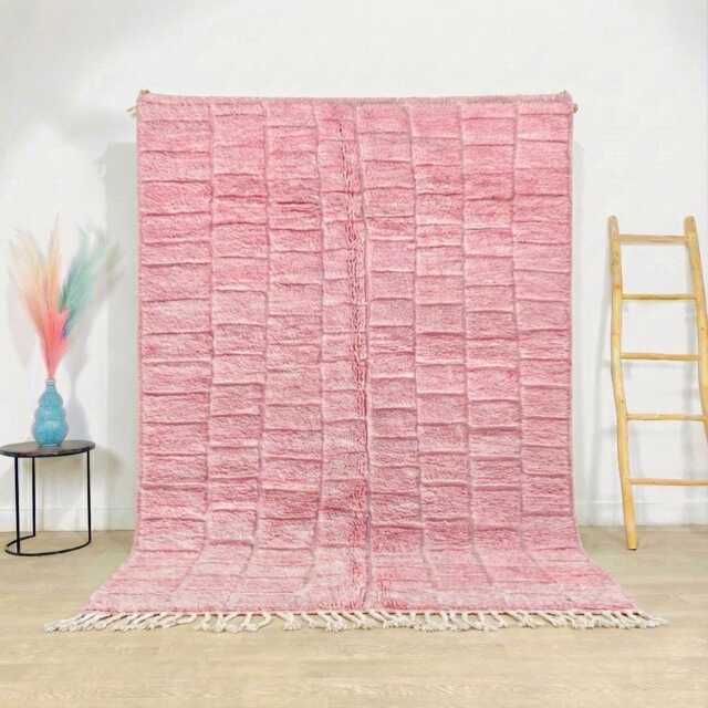 Moroccan Pink Berber Rug, Handwoven Wool Shag Rug With Rectangular Blocks, Authentic Beni Ourain Style Carpet, Large 9x12 Area - image 1