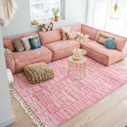 Moroccan Pink Berber Rug, Handwoven Wool Shag Rug With Rectangular Blocks, Authentic Beni Ourain Style Carpet, Large 9x12 Area - thumbnail 2