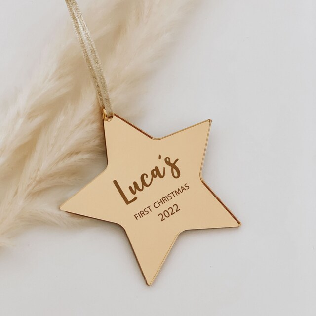 Personalised Baby's First Christmas Star, Rose Gold, Silver Christmas Tree Decoration Bauble, Secret Santa Gift Idea - image 1
