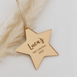 Personalised Baby's First Christmas Star, Rose Gold, Silver Christmas Tree Decoration Bauble, Secret Santa Gift Idea