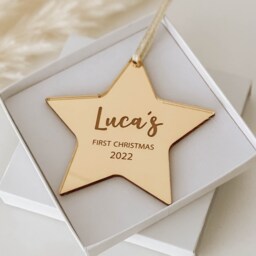 Personalised Baby's First Christmas Star, Rose Gold, Silver Christmas Tree Decoration Bauble, Secret Santa Gift Idea - thumbnail 2