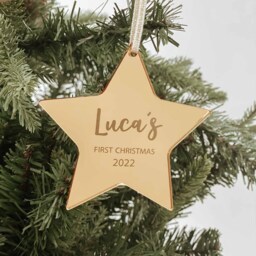 Personalised Baby's First Christmas Star, Rose Gold, Silver Christmas Tree Decoration Bauble, Secret Santa Gift Idea - thumbnail 3