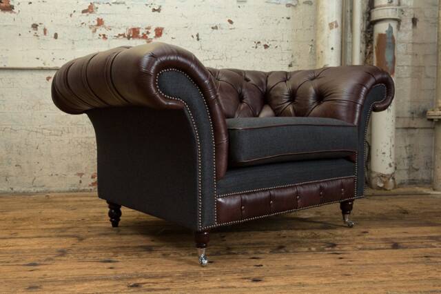 Vintage Dark Brown Leather Chesterfield Snuggle Armchair, Charcoal Grey Wool, British Handmade - image 1