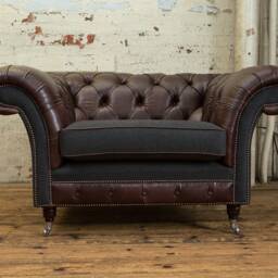 Vintage Dark Brown Leather Chesterfield Snuggle Armchair, Charcoal Grey Wool, British Handmade - thumbnail 3