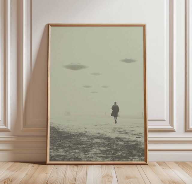Ufo Encounter Poster, Vintage Sci-Fi Print, Alien Invasion Wall Art, Surreal Black & White Scene, Retro Atmospheric Decor - image 1