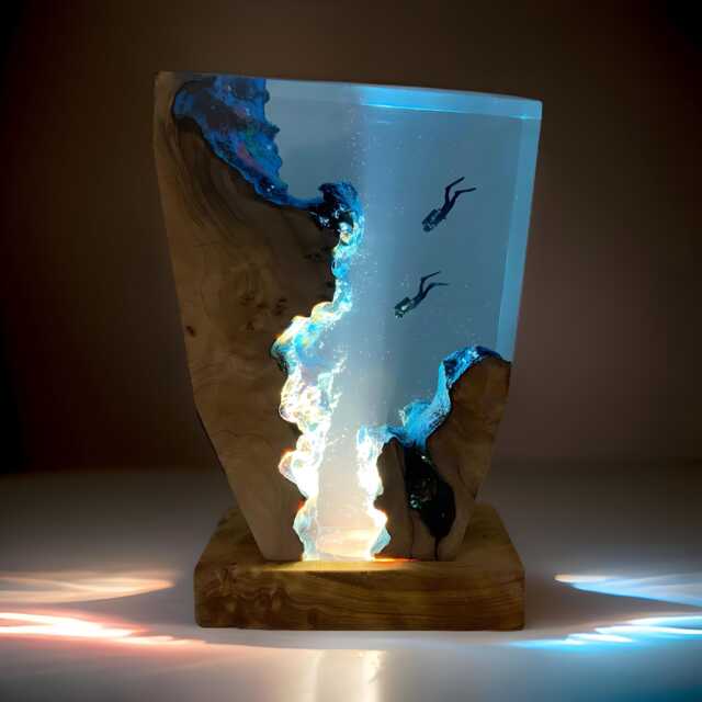 Scuba Diver Resin Lamp, Handmade Custom Epoxy Wood Art Modern Seabed Night Light
