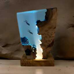 Scuba Diver Resin Lamp, Handmade Custom Epoxy Wood Art Modern Seabed Night Light - thumbnail 3