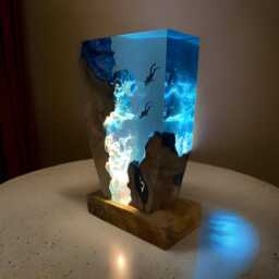 Scuba Diver Resin Lamp, Handmade Custom Epoxy Wood Art Modern Seabed Night Light - thumbnail 2