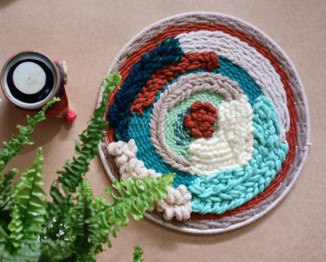 Handwoven Circular Fiber Art Modern Loom Weaving Wall Decor, Textured Art, Woven Painting, Contemporary - image 1