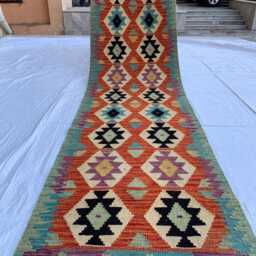 Handwoven Afghan Chobi Kilim Runner Geometric Wool Rug - 3x10 Ft - thumbnail 2