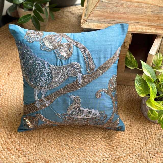 Teal Blue Bird Throw Pillow Cover, Contemporary Art Silk Cushion, Beaded Sequins, 16x16 - Birdy Love - image 1