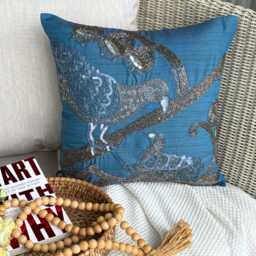 Teal Blue Bird Throw Pillow Cover, Contemporary Art Silk Cushion, Beaded Sequins, 16x16 - Birdy Love - thumbnail 2