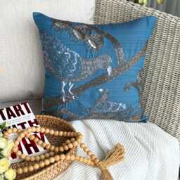 Teal Blue Bird Throw Pillow Cover, Contemporary Art Silk Cushion, Beaded Sequins, 16x16 - Birdy Love - thumbnail 3