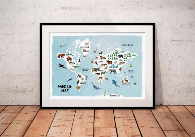 World Map Kids, Animals, Print, Globe Childrens Map, Educational Nursery Print, Safari Kids Wall Art - image 1