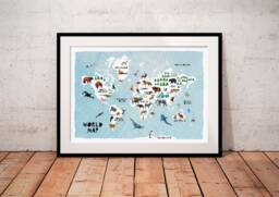 World Map Kids, Animals, Print, Globe Childrens Map, Educational Nursery Print, Safari Kids Wall Art - thumbnail 1