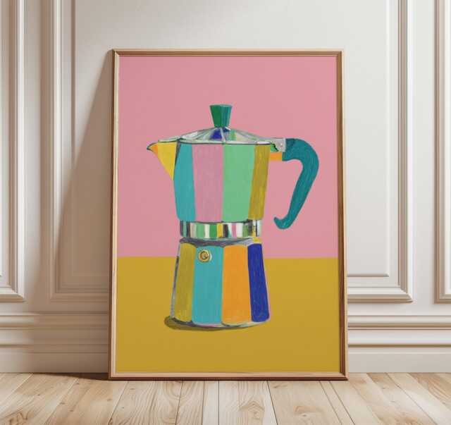 Colorful Moka Pot Poster, Modern Coffee Maker Wall Art, Retro Espresso Print, Bold Mid Century Kitchen Decor - image 1