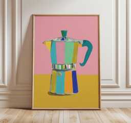 Colorful Moka Pot Poster, Modern Coffee Maker Wall Art, Retro Espresso Print, Bold Mid Century Kitchen Decor - thumbnail 1