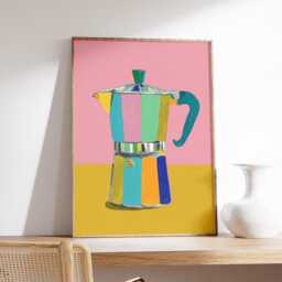 Colorful Moka Pot Poster, Modern Coffee Maker Wall Art, Retro Espresso Print, Bold Mid Century Kitchen Decor - thumbnail 2